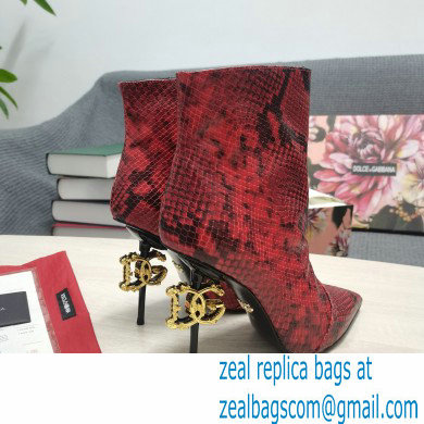 Dolce  &  Gabbana Thin Heel 10.5cm Leather Ankle Boots Snake Print Red with Baroque DG Heel 2021